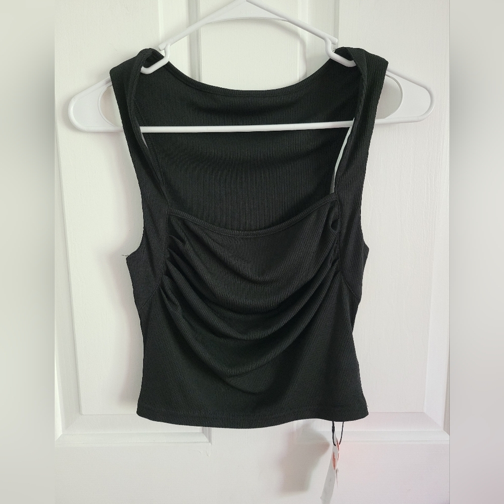 NWT CIDER 2 Solid Black White Ruched Square Neck Crop Top Size Medium - Picture 5 of 8